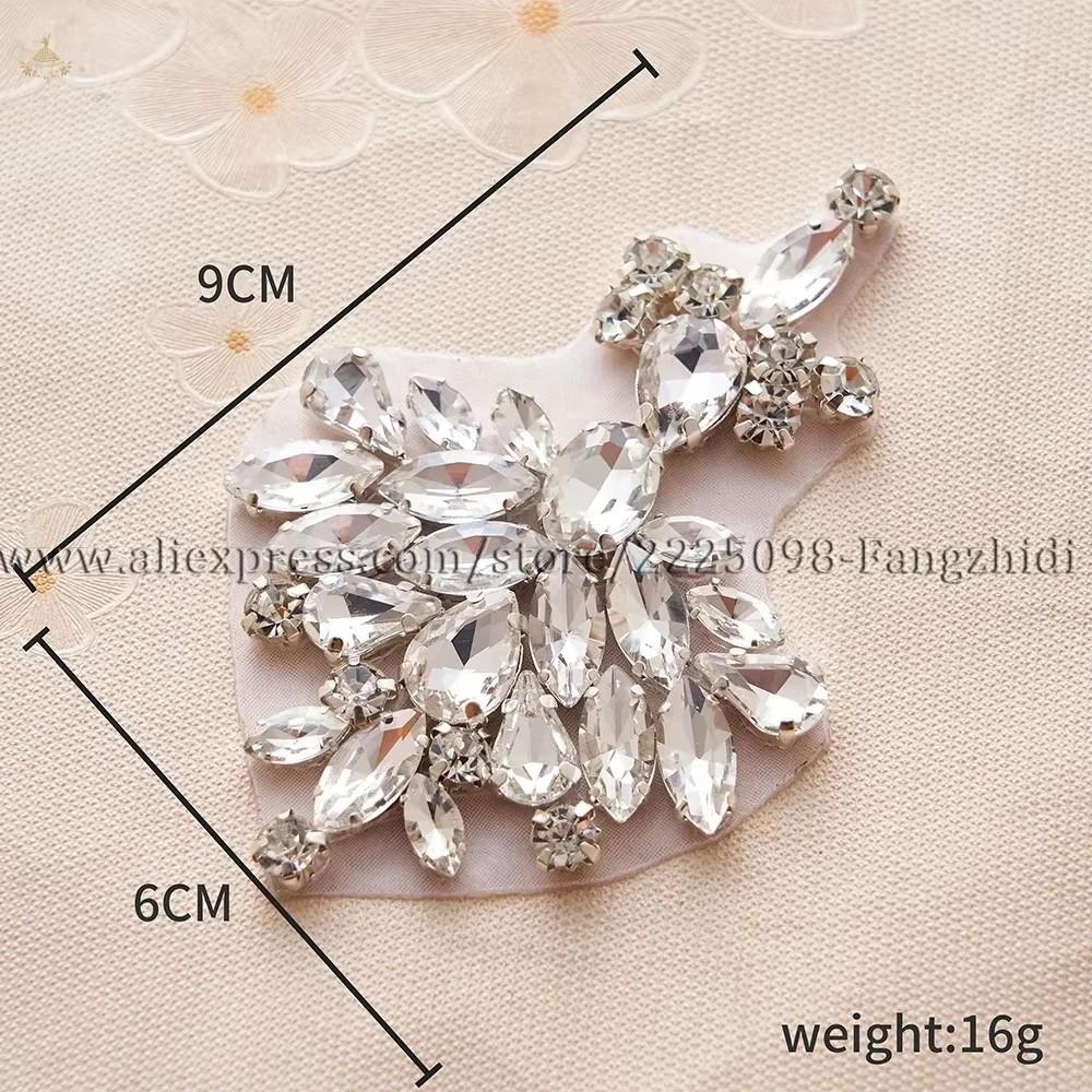 FZD 1 PC Silver Crystal Rhinestone Applique Gold Sew On For Wedding Dress Belt Pearl Patch Iron On Hot Fix Glitter Crystal Stone
