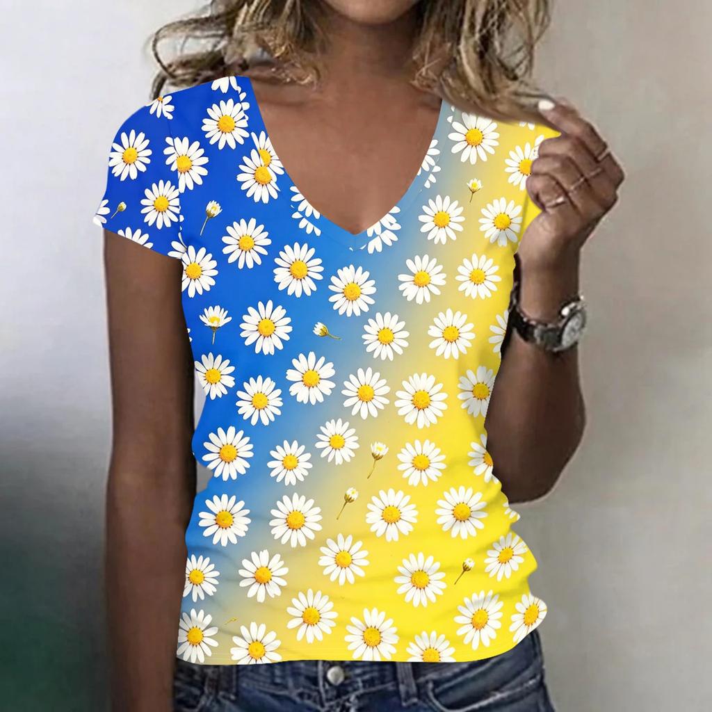 Women Casual V Neck Short Sleeve Floral Print T Shirt Lightweight Soft Fabric Comfortable Fit Summer Top