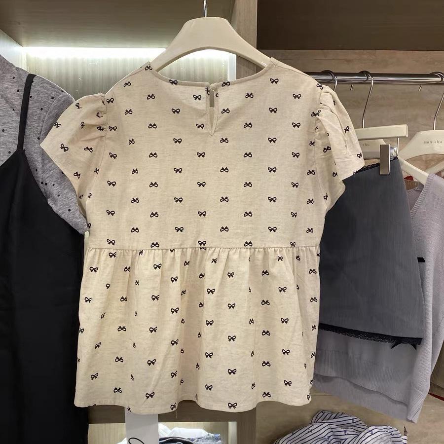 French Retro Bow Puff Sleeve Pleated Top