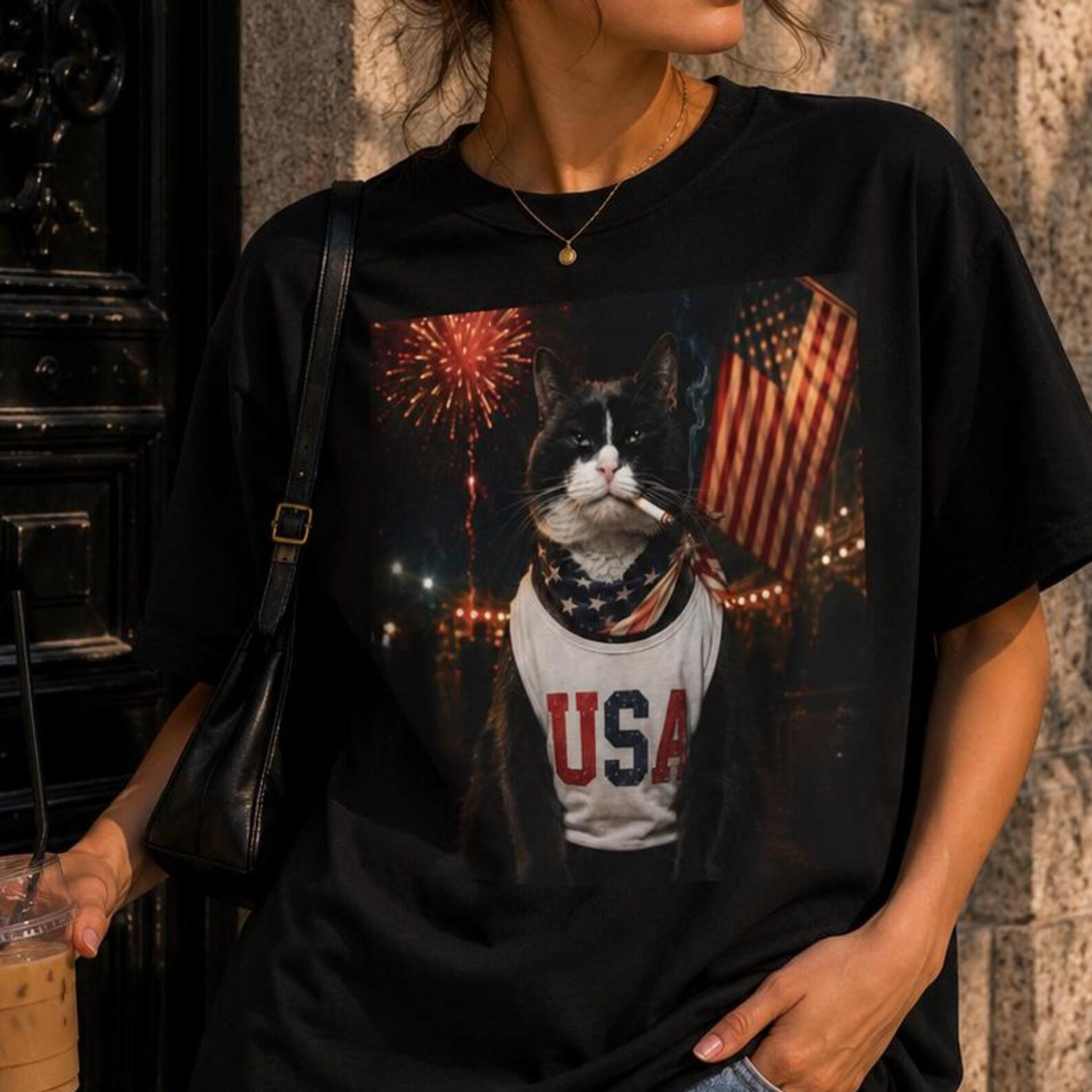 Funny 4th of July Smoking Cat Shirt | Patriotic USA Cat Tee S