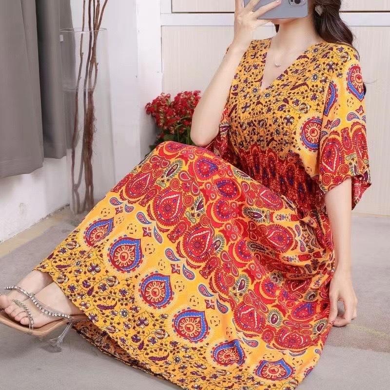 Ethnic Style V-neck Cotton and Silk Short-sleeved Beach Dress Thailand Travel Dress Summer Print Vacation Floral Skirt