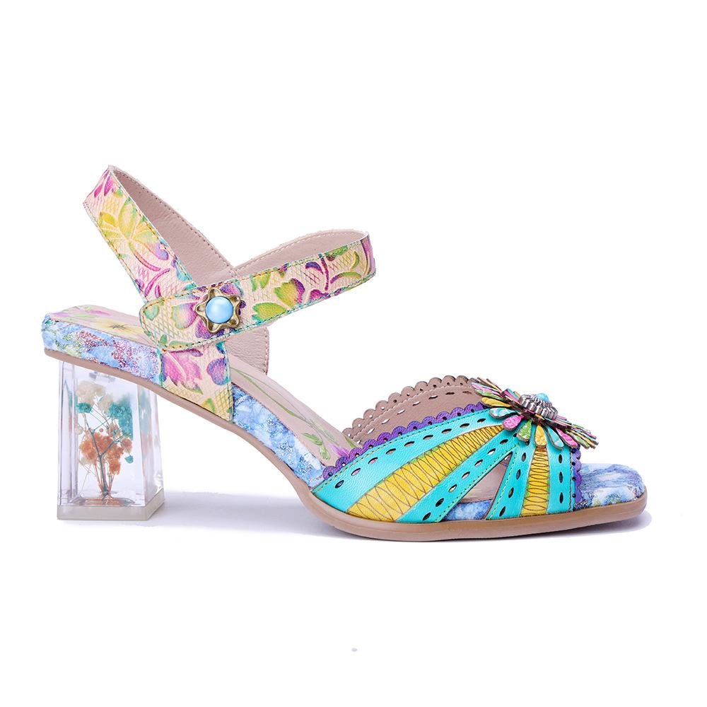 Johnature Sandali Stampati Colorati con Tacco Alto in Vera Pelle Stile Barocco Retrò Raffinati Floreali Scarpe da Donna