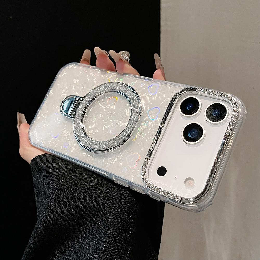 KEYSION Magnetische Muscheltextur Juwelenbesetzte Handyhülle für iPhone 14 15 17 Pro Max Air 16Plus Stoßfestes Panzer-Ringständer-Backcover