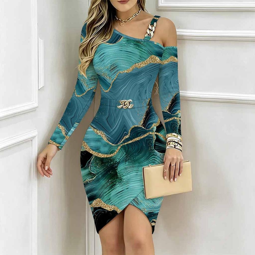 Women Plus Size Asymmetric Cold Shoulder Long Sleeve Blue Purple Gold Fluid Art Print Irregular Wrap Bodycon Midi Dress