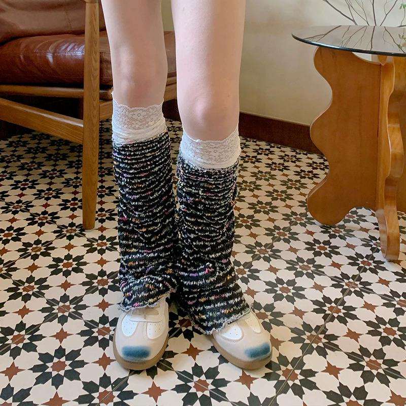 Y2K Lace Trim Flare Leg Warmers, Colorful Tweed Slouchy Socks for Women, Retro Streetwear Fashion Accessories
