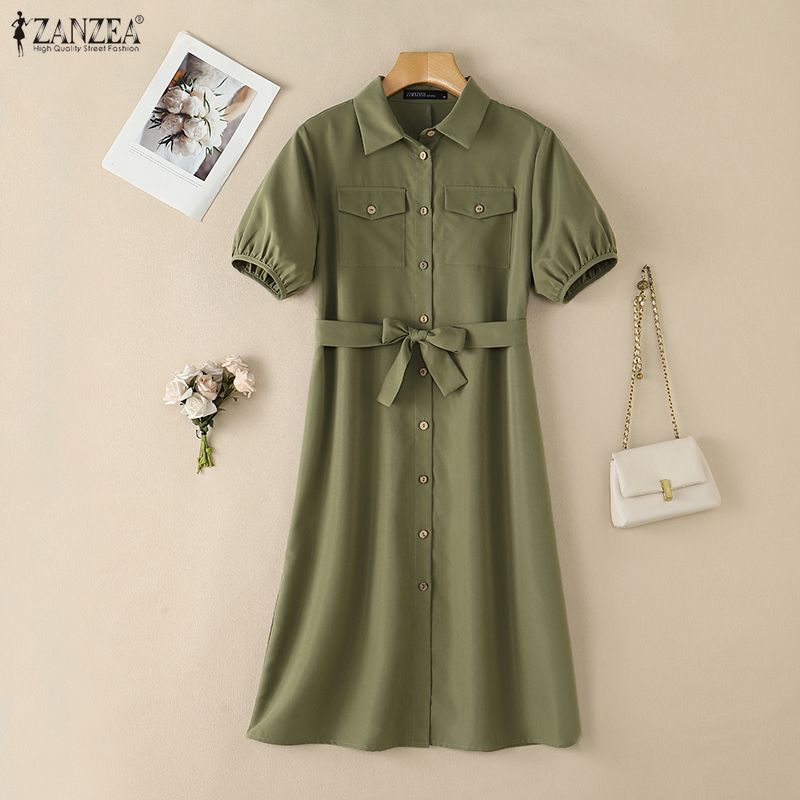 ZANZEA Women Casual Turn Down Collar Solid Color Short Sleeve Dress