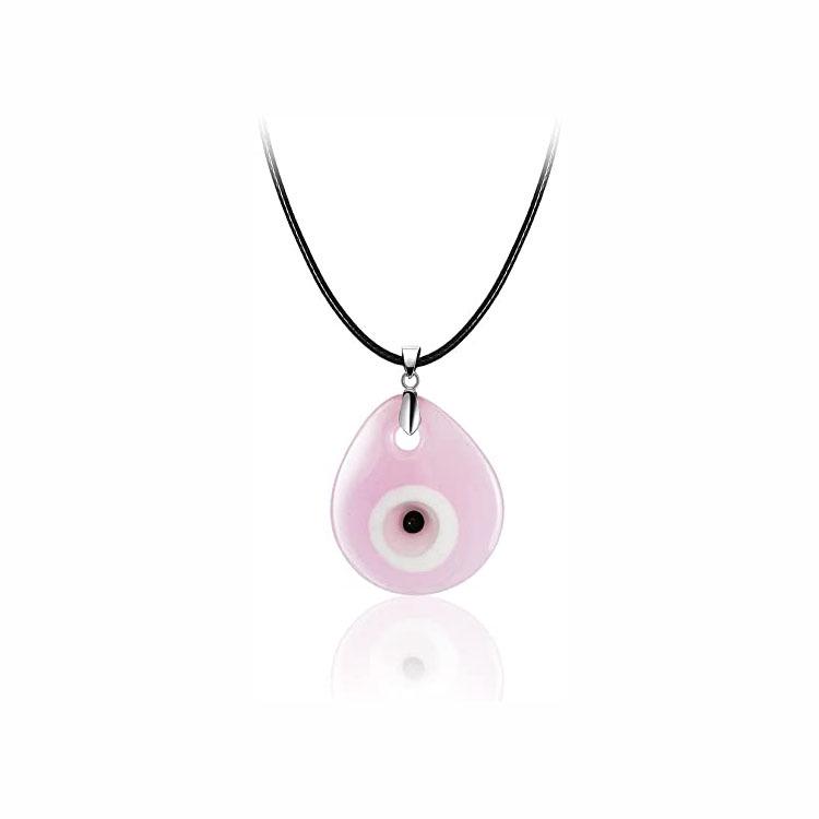 European & American Pink Wax Rope Necklace with Turkish Blue Evil Eye Pendant