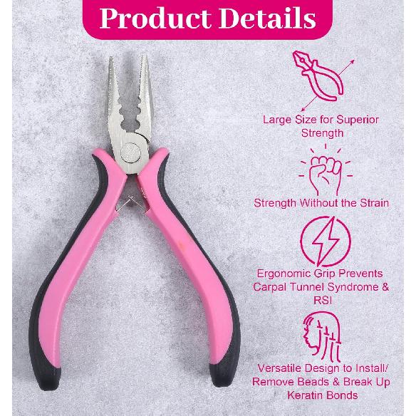 Hair Extension Pliers, 3-Hole Hair Extension Tools Set with 2PCS Clamp for Micro Nano Rings, Pink Tool for Extension Application Removal