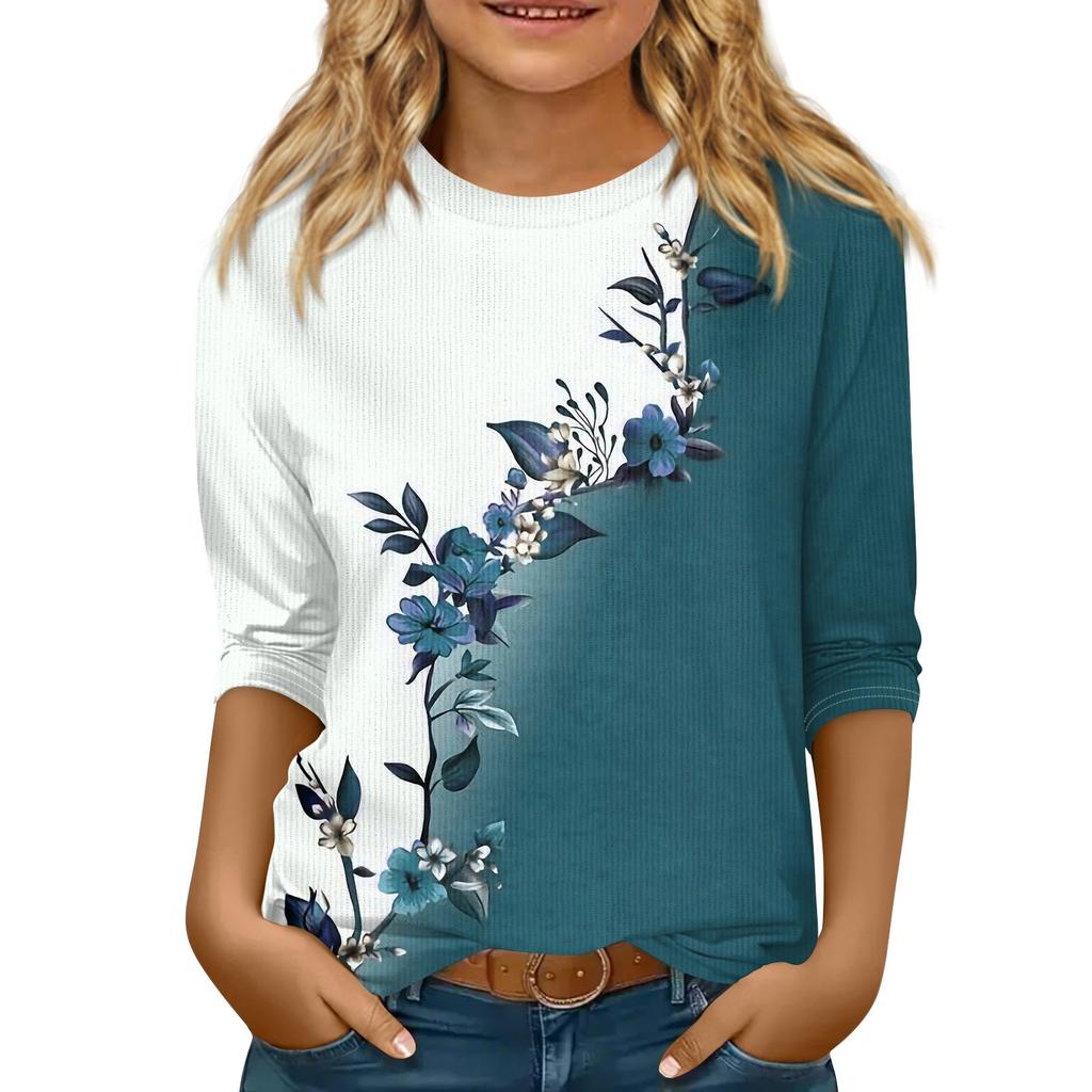 Children's 3/4 Sleeve Tops Knit  Casual  Print T Shirt Round Neck Pullover Blouse