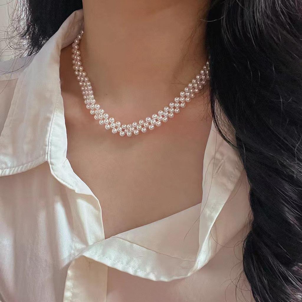 Vintage High-Quality High-Gloss Artificial Australian White Pearl Woven Necklace Evening Chain Collarbone Chain