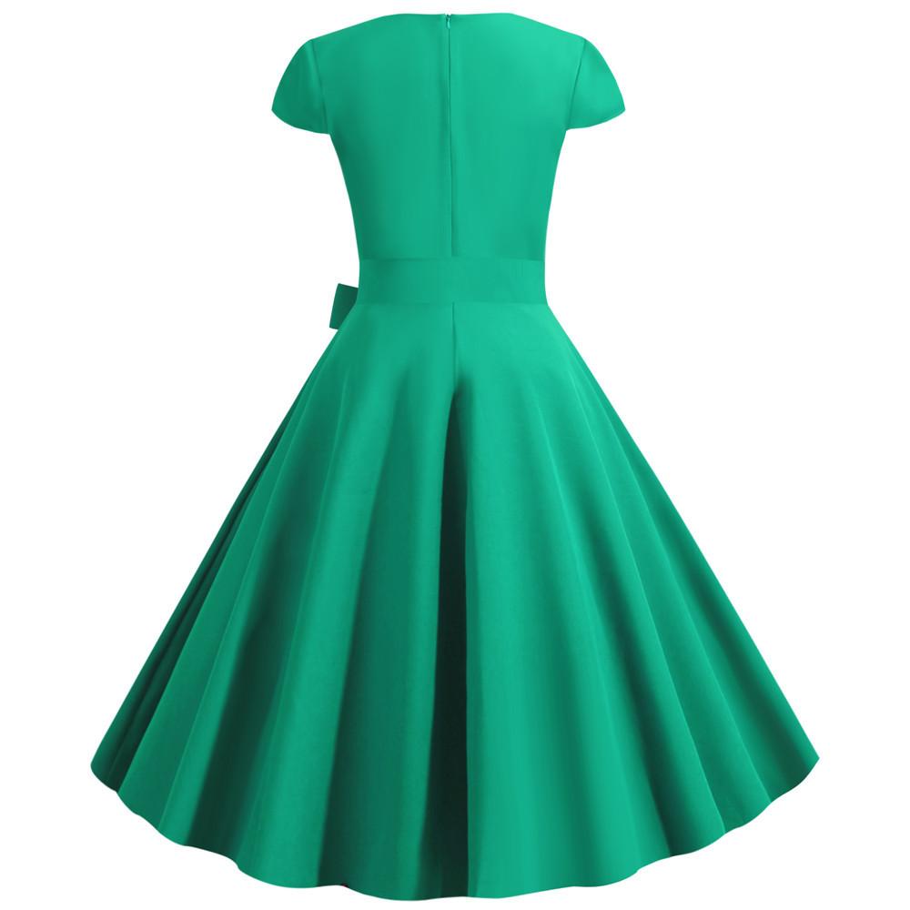 Summer New Style Solid Color Green Short-sleeved Casual Retro Big Swing Dress