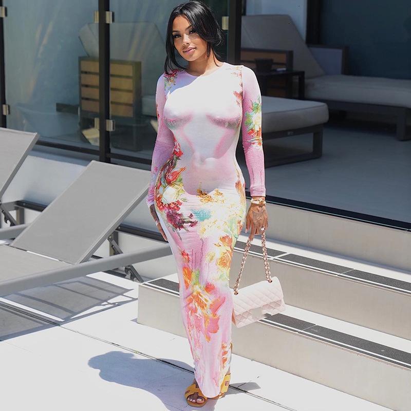 European and American Style Fashionable Printed Round Neck Pullover Long Sleeved Dress with Buttocks Wrapped Long Skirt, Street Style Casual Dress