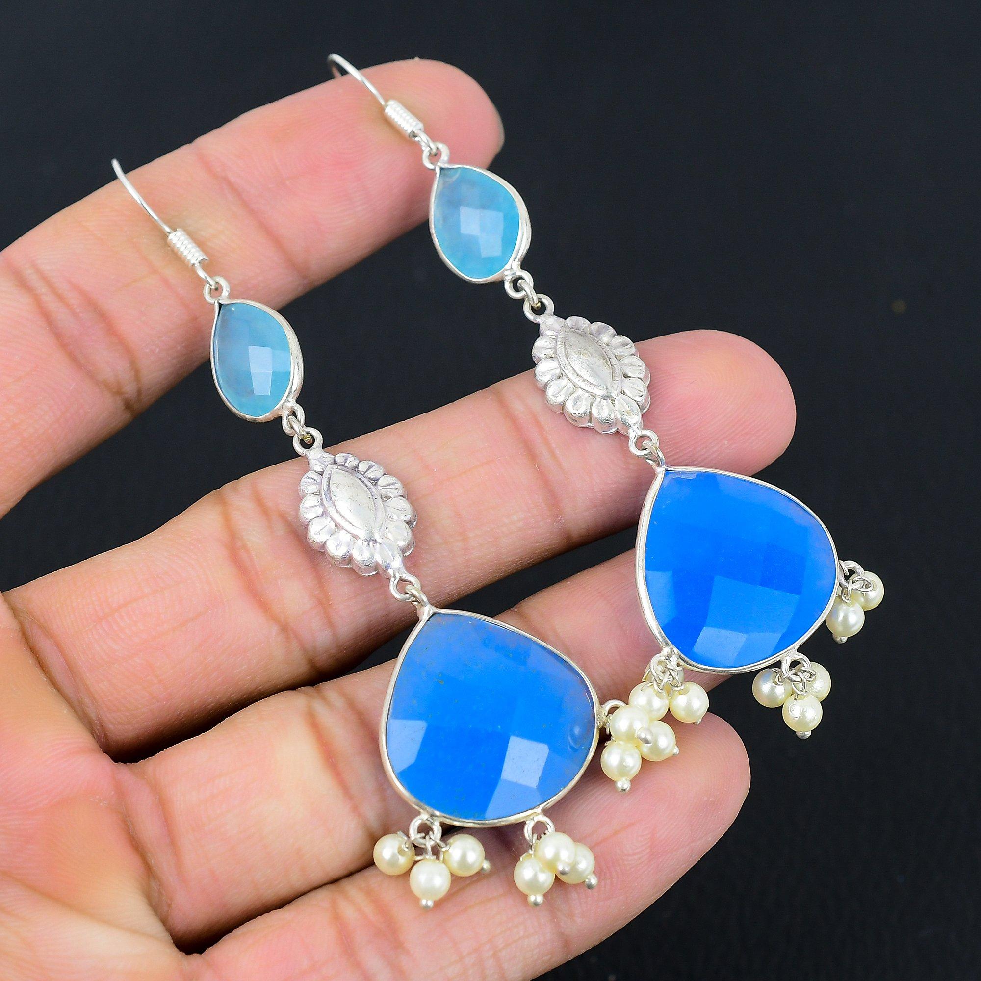 

Sterling Silver Pear Blue Sapphire Gemstone Sister Dangle Boho Earrings Jewelry