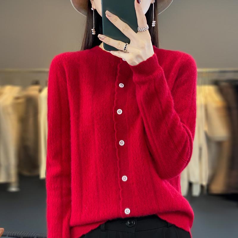 New Autumn and Winter Knitted Slimming Wheat Ear Fashionable Knitted Sweater for Women, Round-neck Long-sleeved Cardigan