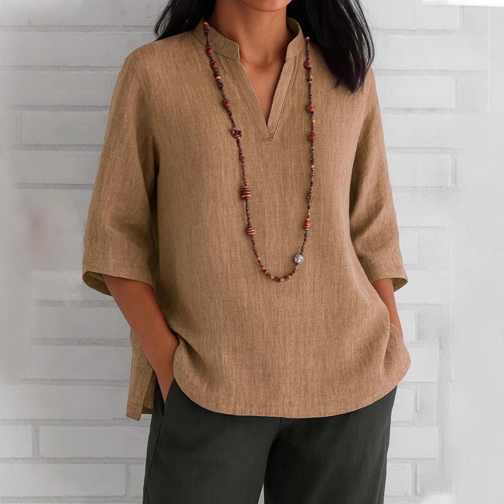 New Summer Women's Casual Loose Linen Cotton Shirt, V Neck Three Quarter Sleeve Blouse for European American, Fit Daily Wear