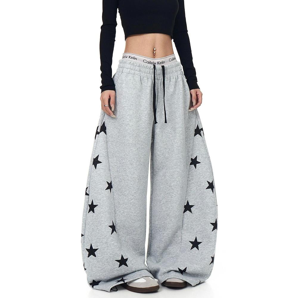 Korean retro contrasting color star printing scimitar sweatpants women's spring and autumn new jazz dance loose wide-leg long pants tide