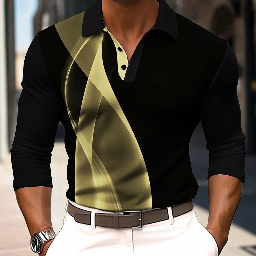 2025 Fashion Men's Geometry Stripe Long Sleeve Polo Shirt Breathable Casual Tops Slim Fit Quick Drying Classic Collar Polo Shirt