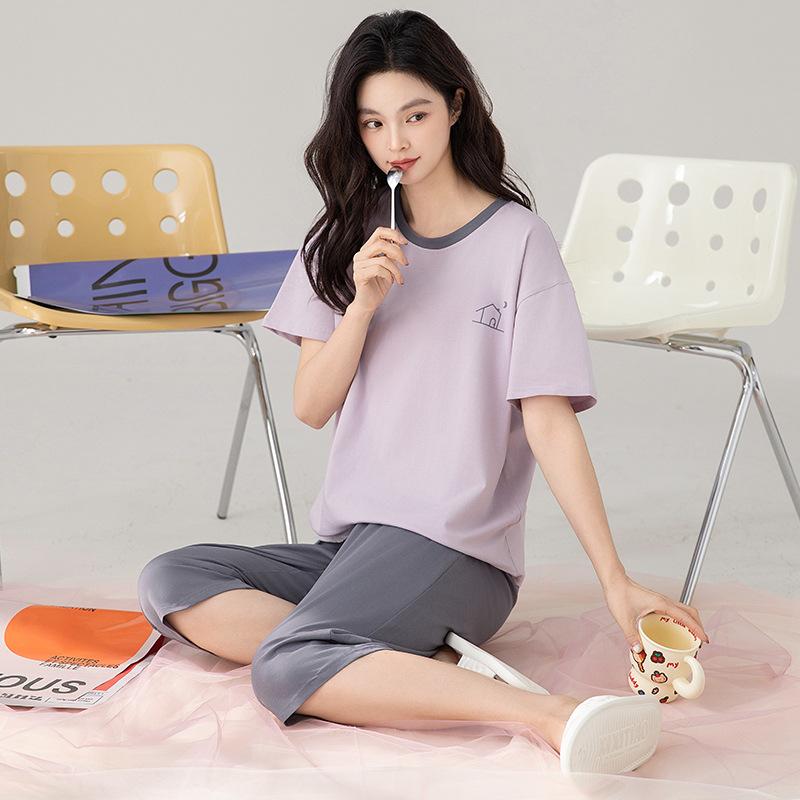 [Antibacterial] Pure cotton pajamas women's summer short-sleeved cropped pants solid color high-end sense can be worn outside loungewear set