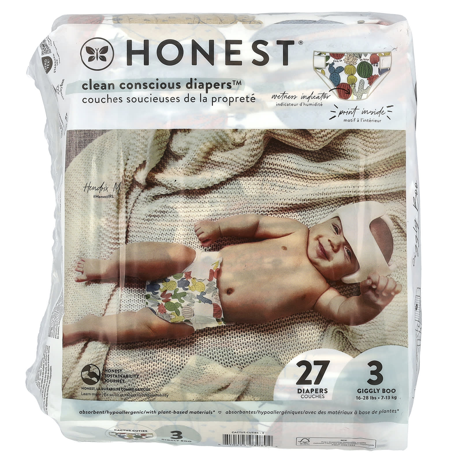 

Подгузники Honest, Размер 3, 16-28 фунтов, Рисунок кактусы, 27 штук