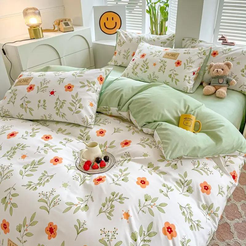 Floral Bedding Set with Duvet Cover,No Filling Flat Sheet with Pillowcases,Kids Queen Full Size Bed Linen,Boys and Girls New