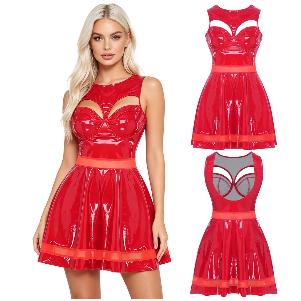 Mini Vestito da Club Lucido in Ecopelle PU da Donna Senza Schiena Davanti Svuotato Reggiseno Push-up Inserti in Rete Orlo Pieghettato per Bar Serate Fuori