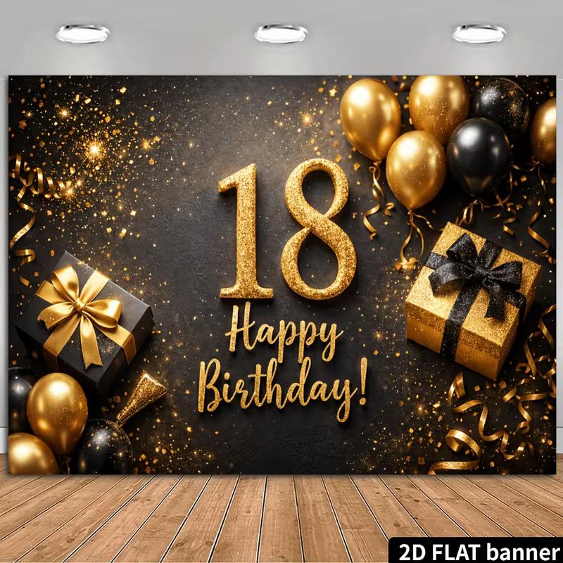 2D Black Gold 18th Coming-of-age Birthday Wall Tapestry Background Cloth 47.2x31.5inch/120*80cm