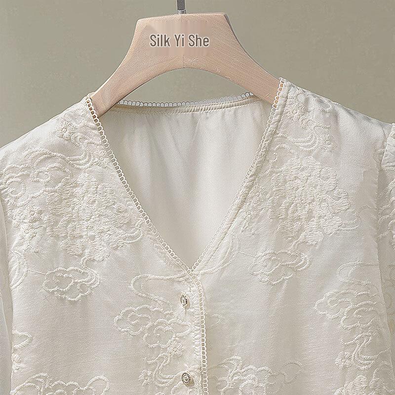 New Chinese Style Lace Trim V-Neck Short Sleeve Blouse
