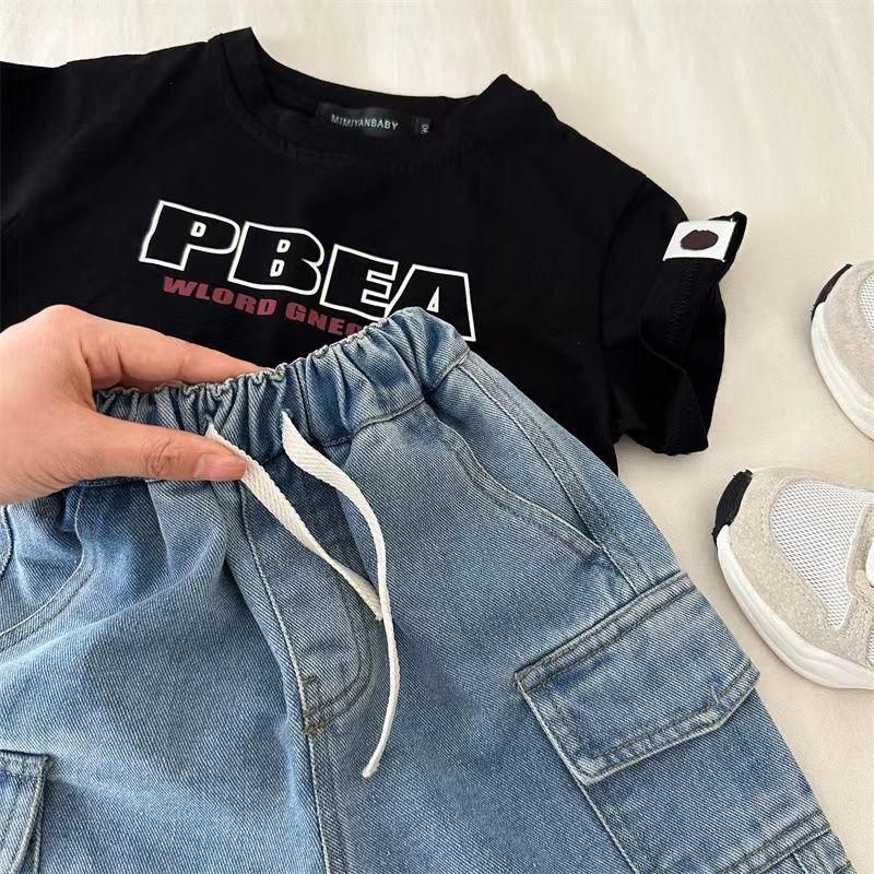 Summer Children's Girls and Boys Denim Shorts Elastic Waist Drawstring Solid Color Pocket Cargo Jeans Baby Boys Casual Shorts