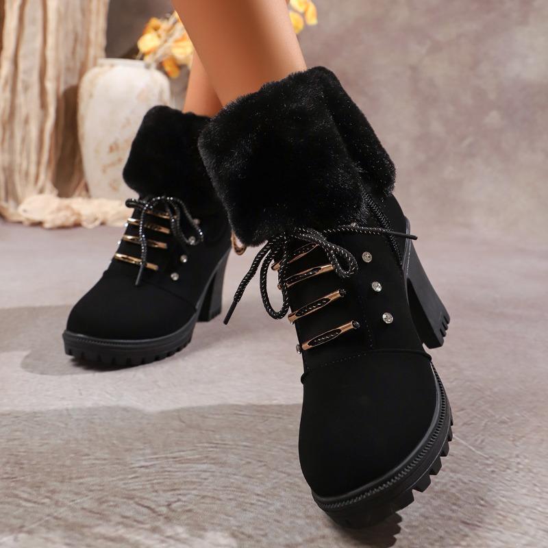 Mode Mode Hiver Femmes Bottines à Talons Carrés Chaudes Antidérapantes Fermeture Éclair Bottes de Neige Chaudes Talon Haut Bout Rond Bottes pour Femmes