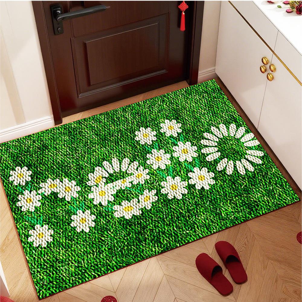Welcome Floral Doormat Green Grass Pattern Entrance Mat Non-Slip Washable Outdoor Rug for Home Front Door Garden Decor