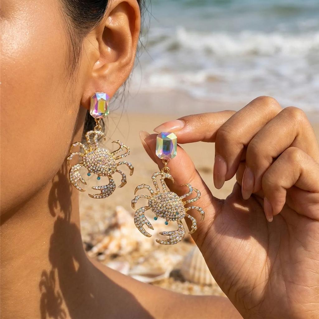 Summer Full Rhinestone Crab Earrings for Women Red Crystal Zircon Cute Sea Animal Drop Earring Beach Vacation Statement Jewelry