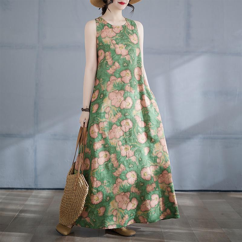 

Летнее платье в стиле бохо с круглым вырезом и свободным принтом без рукавов для женщин, длинные платья XXL