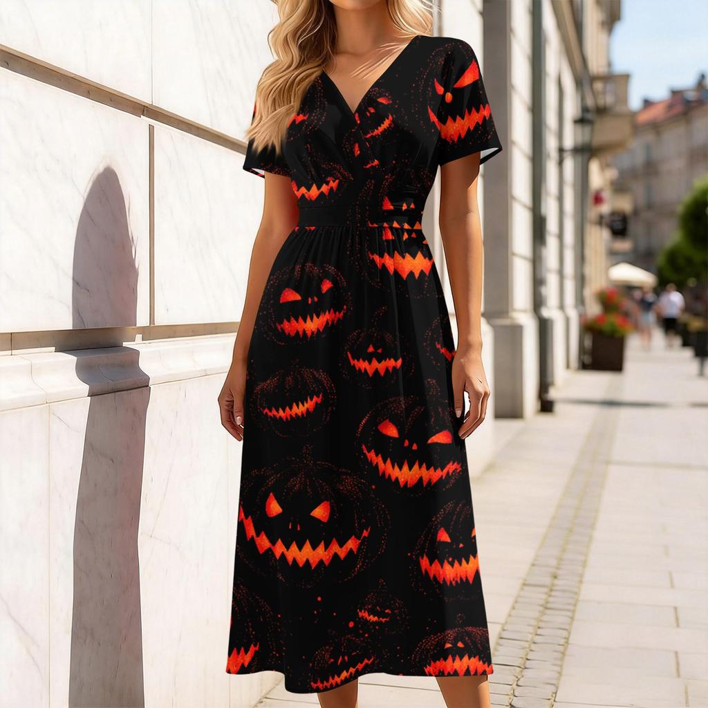 Women's V-Neck Short Sleeve Halloween Print Casual Dress for Halloween Party