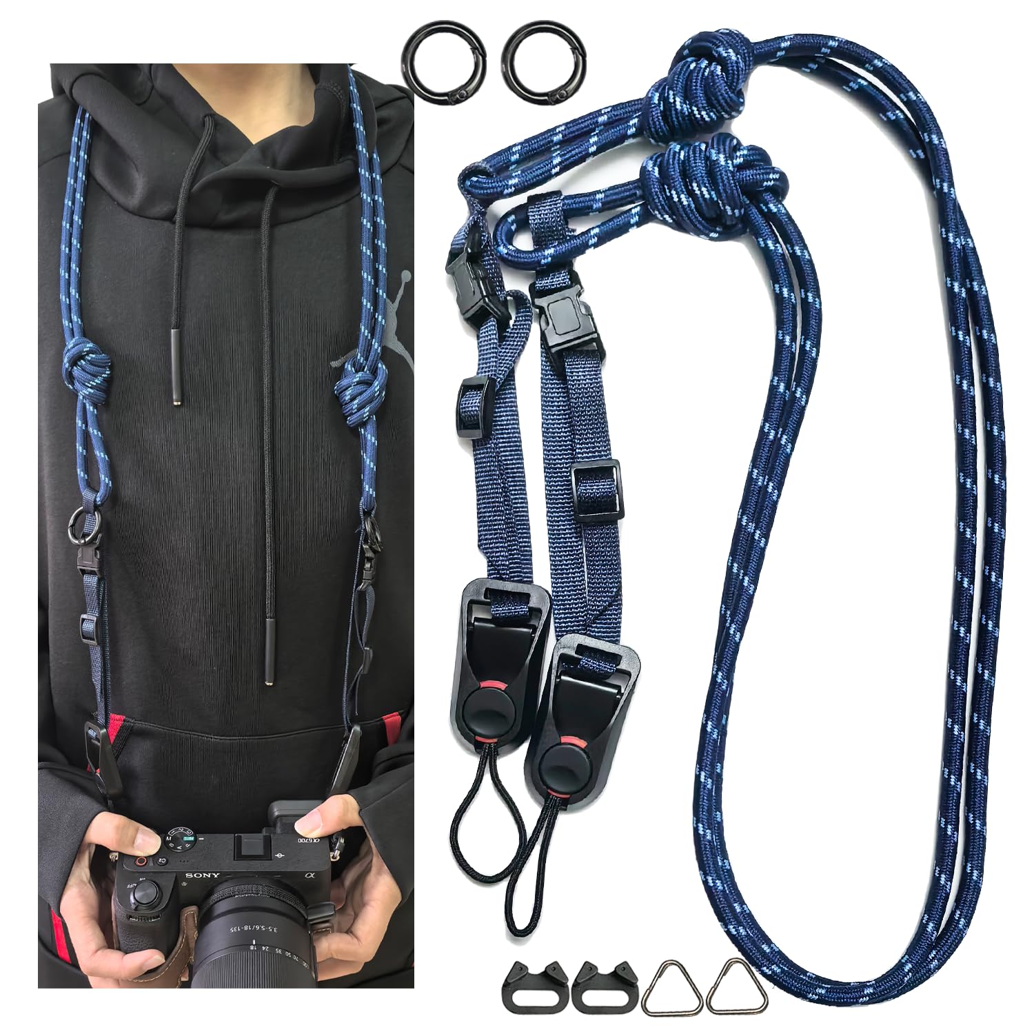 

Ремінь на шию для камери Oumino зі швидким вивільненням на плече з трикутним кільцем для дзеркальних і бездзеркальних камер, надзвичайно стильна плетена сумка, регульована для вуличної зйомки синій