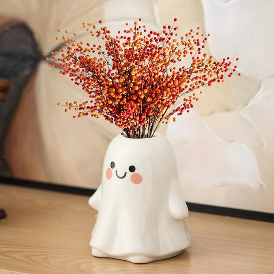 Ghost Shape Vase with Smile Face Pattern Ceramic Flower Planter Pot Nursery Room Bedroom Home White Decor