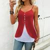 Women Tops V Neck Sleeveless Soft Stretchy Sling T-Shirt Buttons Decor Fake Two-Piece Design Mid-length Tee Shirt Daily Wear