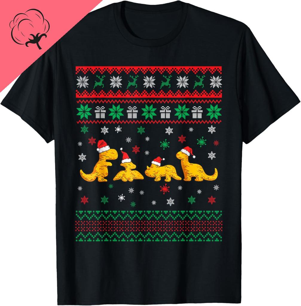 Dinosaur Dino Chicken Nuggets Ugly Christmas Pajama Xmas TShirt Y2k Harajuku Funny Shirt Cotton Vintage Clothes