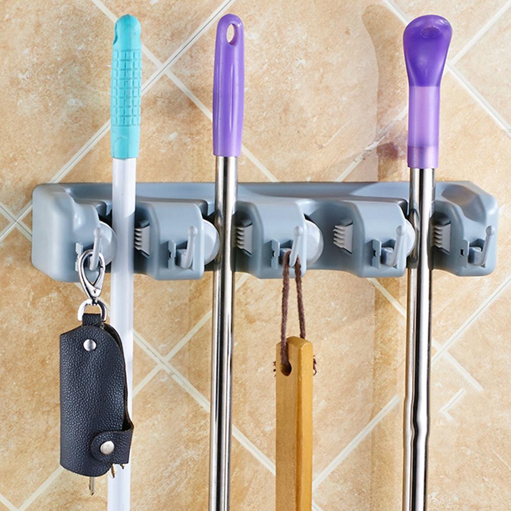 Kitchen Organizer Mop Holder Storage Rack, 3-5 Position Wall Mounted Shelf, for Broom Mops Hanger, ABS Home Organizer