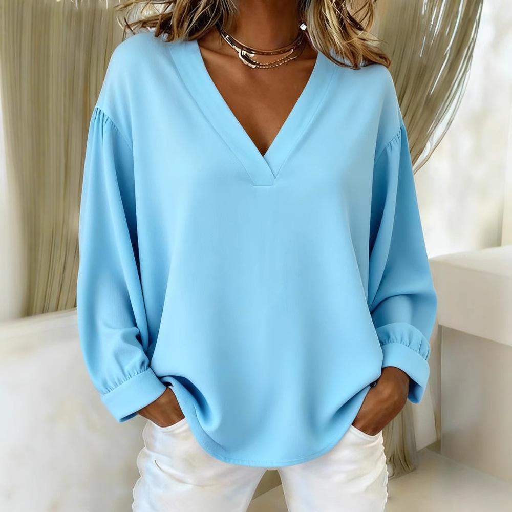 2025 New Women's Casual V-neck Long-sleeved Pullover Loose Solid Color Multi-color Women's T-shirt