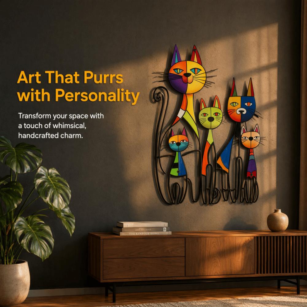Cartoon Cat Iron Wall Sculpture Colorful Metal Cat Wall Art Artistic Cat Wall Art  Wall Ornament