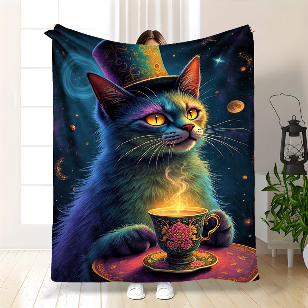 Cosmic Cat Pattern Flannel printed blanket suitable for all seasons suitable for living room office sofa and travel 180x250CM