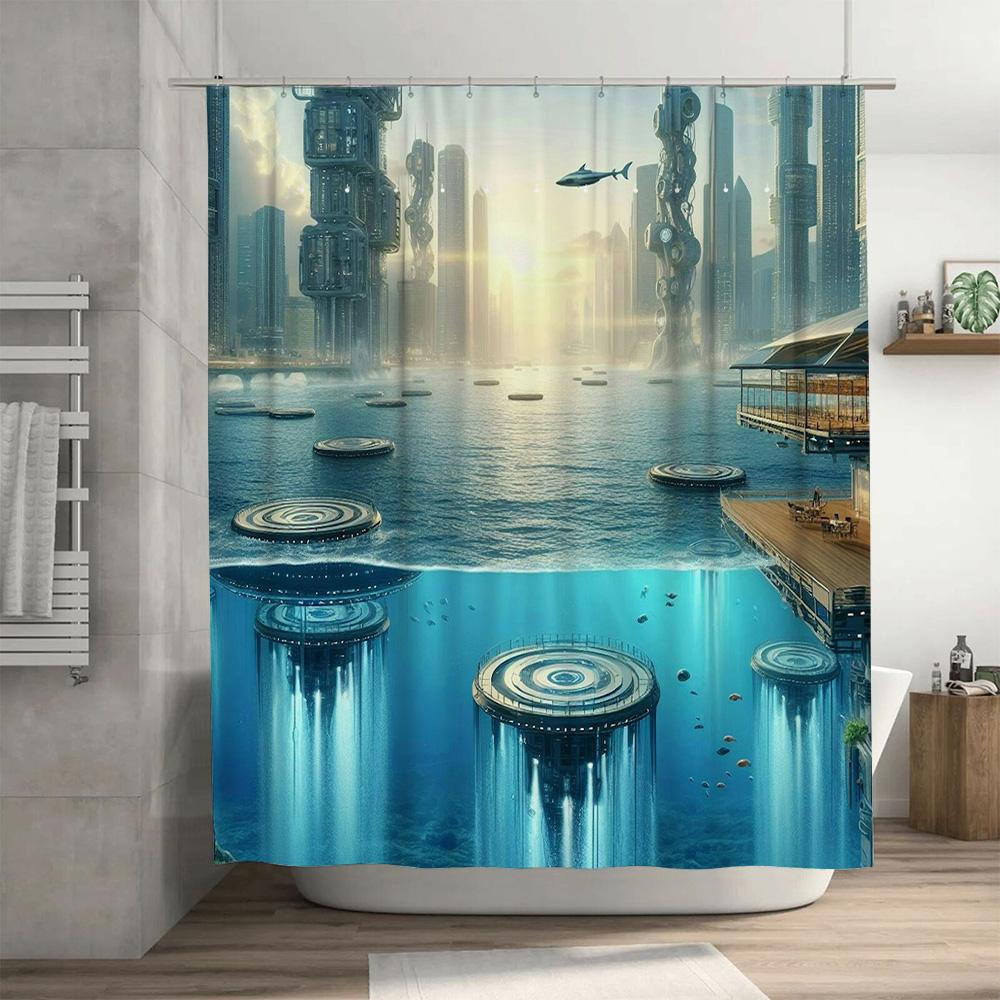 Futuristic Cityscape Shower Curtain Waterproof Decoration for Bathroom