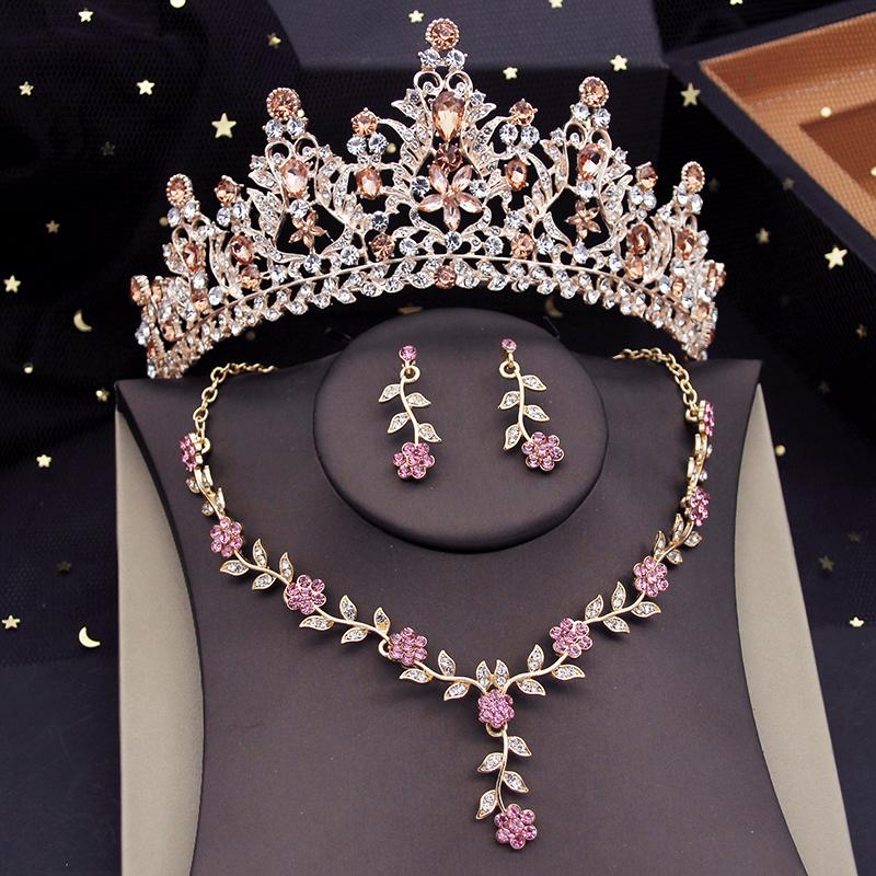 Flower Crown Bridal Jewelry Sets for Women Tiaras Evening Necklace Earring Set Wedding Choker Bride Jewelry Set Accessory