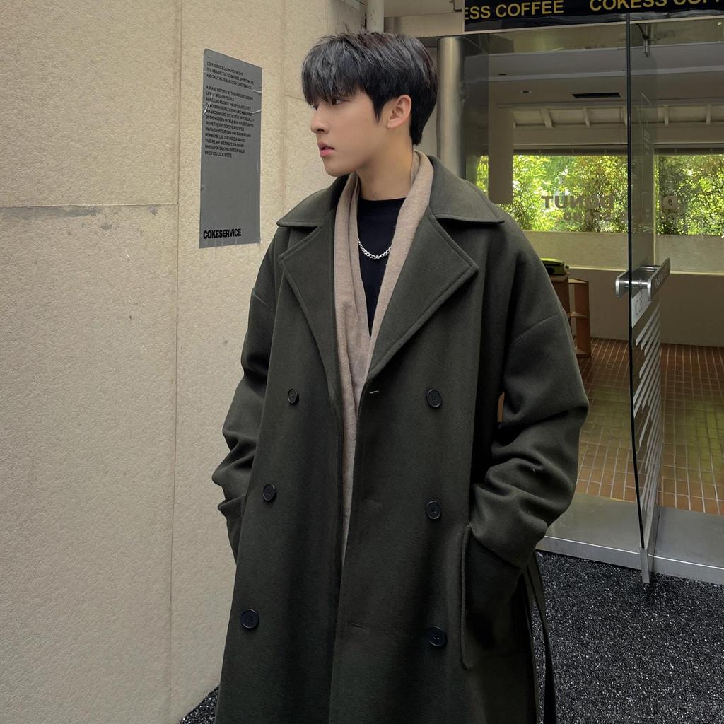 Men's Mid-Length Korean Style Wool Trench Coat - Autumn/Winter, Thickened, Over-the-Knee, Loose Fit