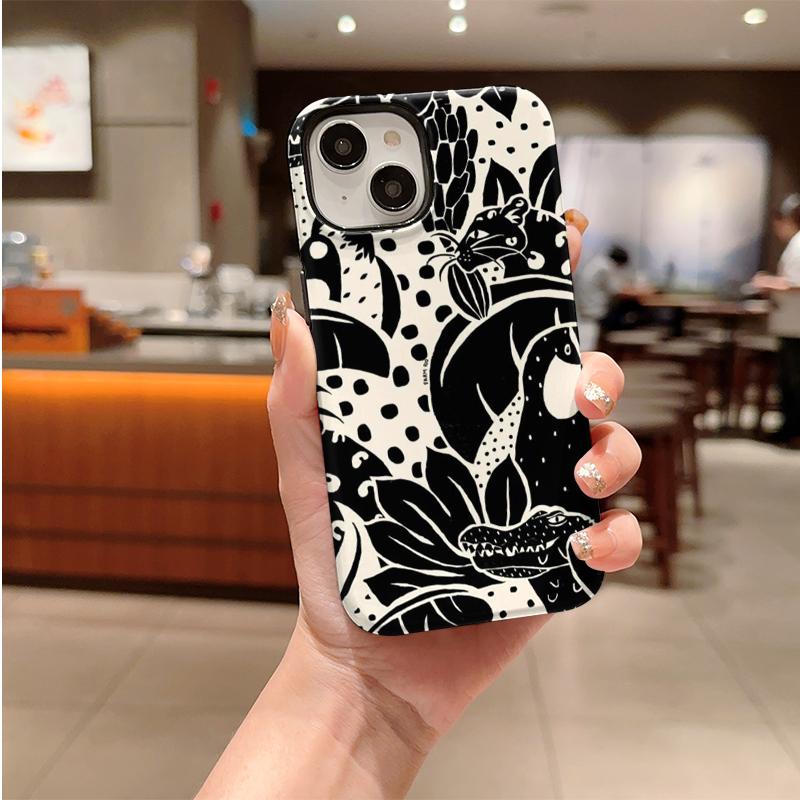 Artistic Graphic Black White Botanic Leaves Hidden Cat Pattern Line Film Aesthetic Protective Shockproof Bumper Cover For iPhone 14 15 16 Pro Max Plus