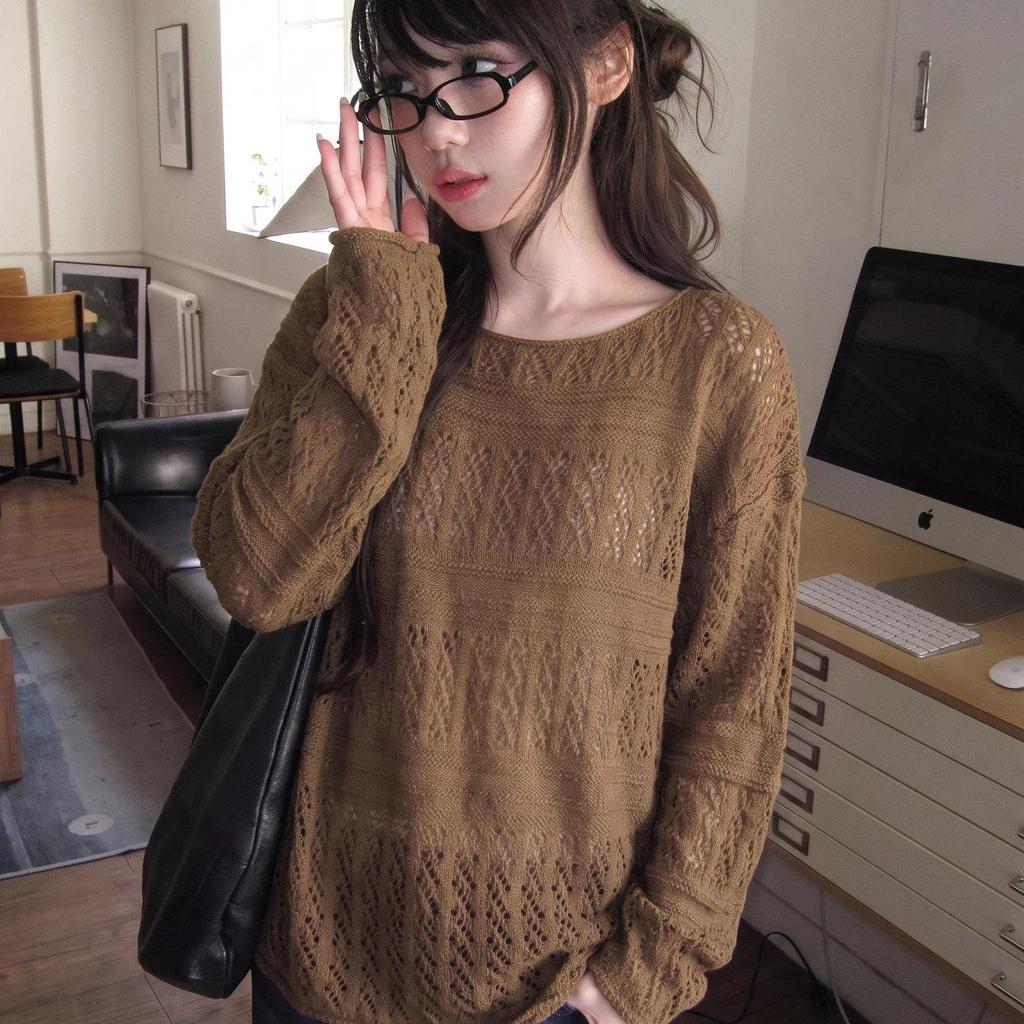Relaxed Autumn 2026 Women's Crochet Cardigan - Loose Knit, Round Neck, Lazy Hollow Texture Knit Top.