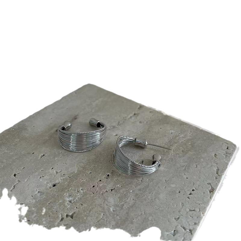 Elegant Silver Metal C-Shaped Multi-Layer Coil Earrings for Women - High-End Niche Design