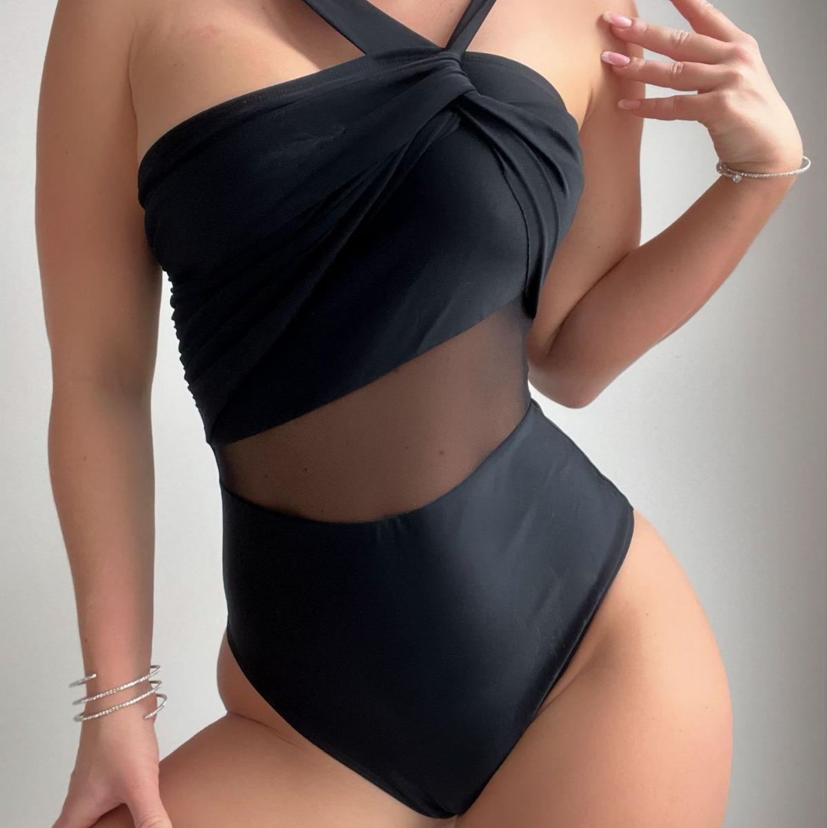

Solid Color Irregular Strap Mesh Spliced Fashion Swimsuit Medium чорний