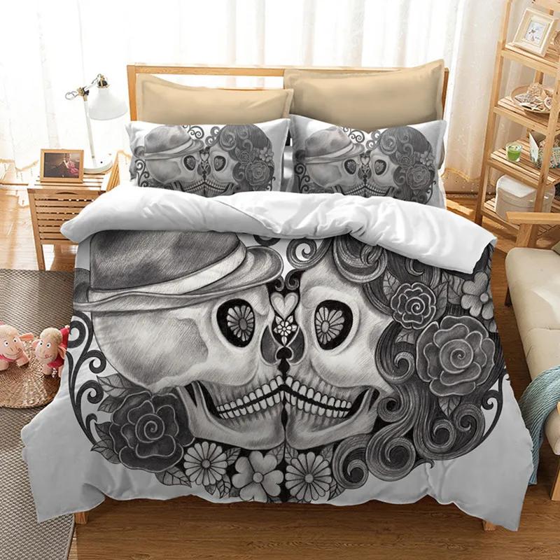 Σετ Κρεβατοκάμαρας Sugar Skull King Beauty Kiss Skull Πάπλωμα Σετ Κρεβατιού Μποέμ Πρίιτ Μαύρα Κλινοσκεπάσματα Queen Size Κρεβατοστρωσιά