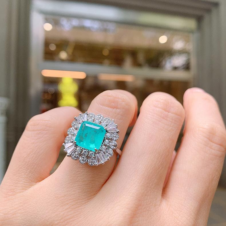 Cross Border Paraiba Electroplating Simulation Simple Zircon Ring Women Square Blue Socialite Opening